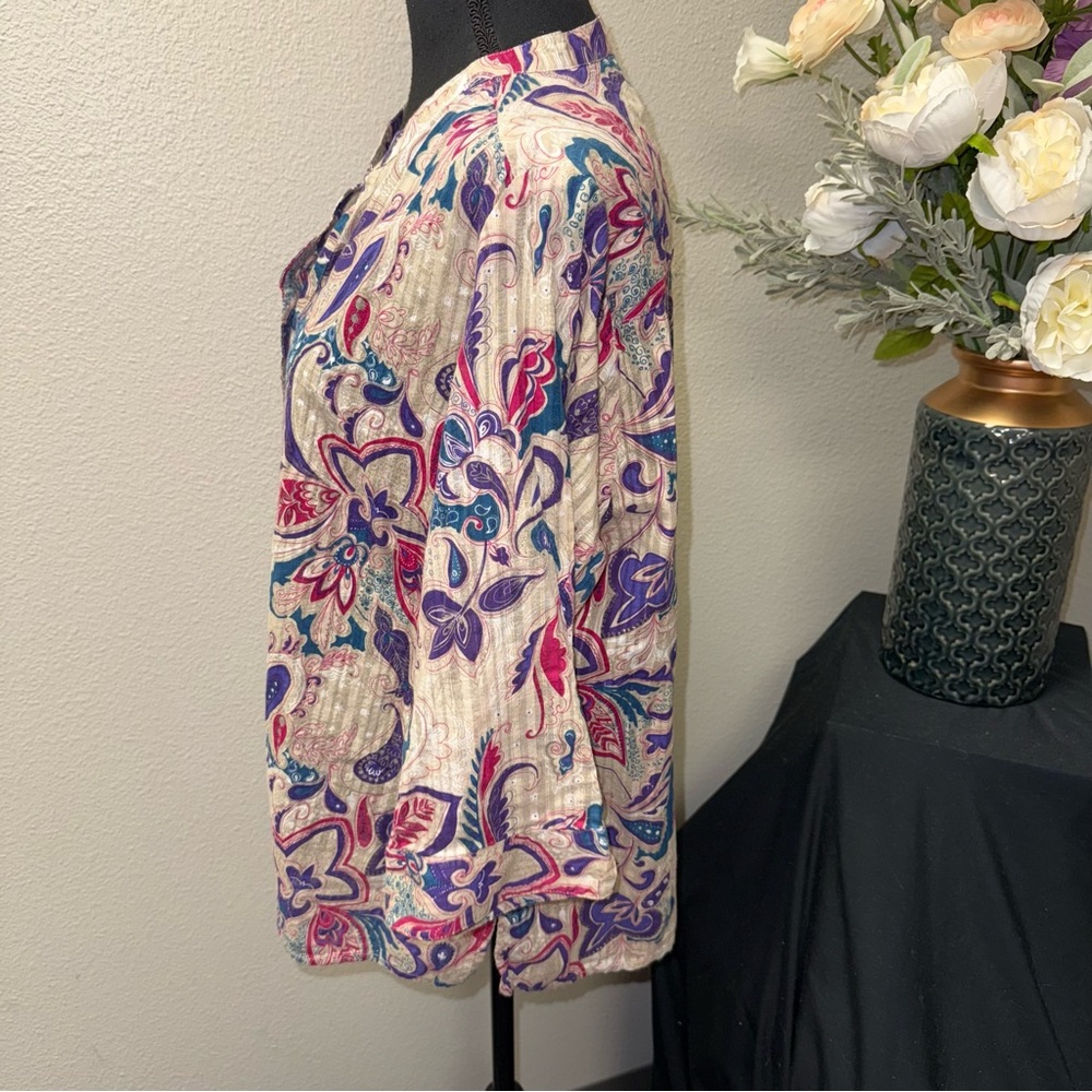 Chico’s Paisley Button Front Tunic Blouse 3 Purple Teal Boho Lightweight - Picture 2 of 7